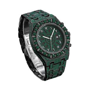 Hoge Kwaliteit Zwart Metaal Kleur Lichtgevende Waterdichte Kalender Met Volledig Groene Strass Arabische Schaal Hiphop Heren Quartz Horloge - Product Image 2