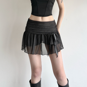 Minifalda francesa de malla con lunares para mujer, cintura baja, línea A, pantalones cortos incorporados, corte ajustado, estilo sexy y elegante - Product Image 4