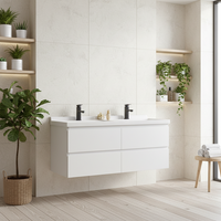 Meuble-lavabo mural moderne à double vasque en céramique, résistant à l'eau, durable, avec armoires de salle de bain et vasques intégrées