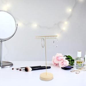 T Shape Golden Metal Multi Hook Jewelry Storage Stand Round Wood Base Desktop Necklace Earring Retail <b>Display</b> <b>Rack</b> - Product Image 4