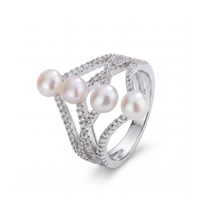 Anillo de Perlas de Agua Dulce con Incrustaciones de Circonitas Cúbicas Multicapa en Cobre, Banda Ancha de 5 Perlas, Joyería de Lujo para Mujer, para Bodas y Banquetes - Product Image 1