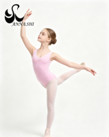 Justaucorps de ballet pour fille, rose pâle, en nylon et élasthanne, col en V, poitrine froncée, pour la gymnastique et la danse