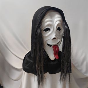 Masque d'Halloween en latex hurlant avec langue dégagée et cheveux, accessoire de fête style horreur - Product Image 3