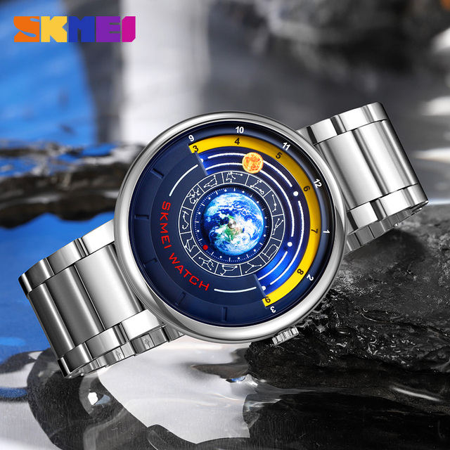 SKMEI 2361 Blue Planet Stainless Steel Quartz Watch New Business Casual Waterproof Men's Wristwatch with Planet Hands