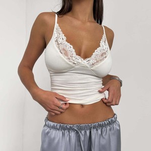 Top Camisero de Encaje para Mujer, Sexy, con Cuello en V, Tirantes Finos, Corte Ajustado, Sin Mangas, para Verano - Product Image 2