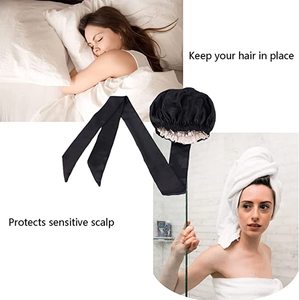 Lingsheng vente en gros Double couche Bonnets doublés en Satin avec longue bande Logo personnalisé pour les femmes Bonnet sommeil bonnet de nuit couvre-chef Cape - Product Image 4