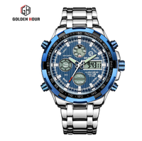 Reloj Digital para Caballero GOLDEN HOUR GH108 Super Silver, Correa de Acero Inoxidable, Doble Hora, Cronógrafo, Calendario, Deportivo