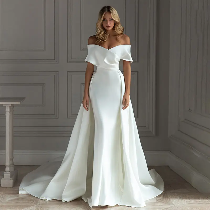 Off Shoulder Simple Mermaid Dress Bridal Gowns Satin Detachable Non-removable Sweep Train Wedding Dresses