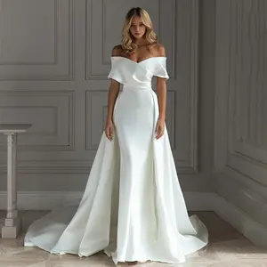 Off Shoulder Simple Mermaid Dress Brautkleider Satin Abnehmbare nicht abnehmbare Sweep Train Brautkleider