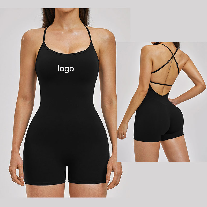 Bodycon One Piece Yoga Suit Custom Logo Backless Cross-strap Flaterring Workout Bodysuit For Women