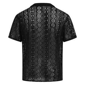 เสื้อยืดผู้ชายสไตล์ยุโรปอเมริกันแบบใหม่ ผ้าลูกไม้โปร่งแสง ปกเว้า สีพื้น สามารถสั่งตัดได้ ระบายอากาศได้ดี - Product Image 2