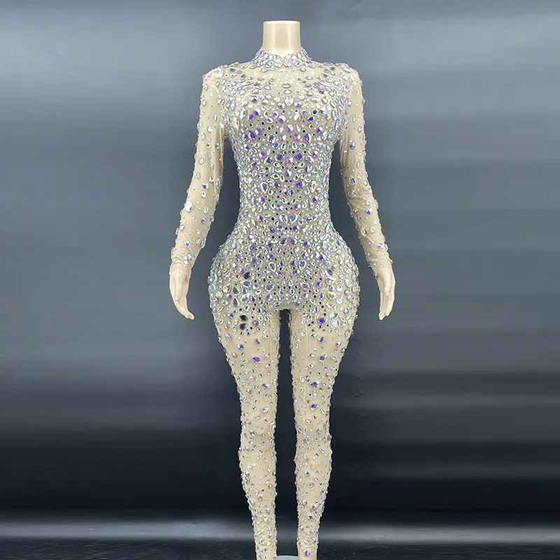 Traje de diamante brillante AD1159 para mujer, mono de cuerpo completo con diamantes de imitación, traje de celebridad, traje de mujer para escenario