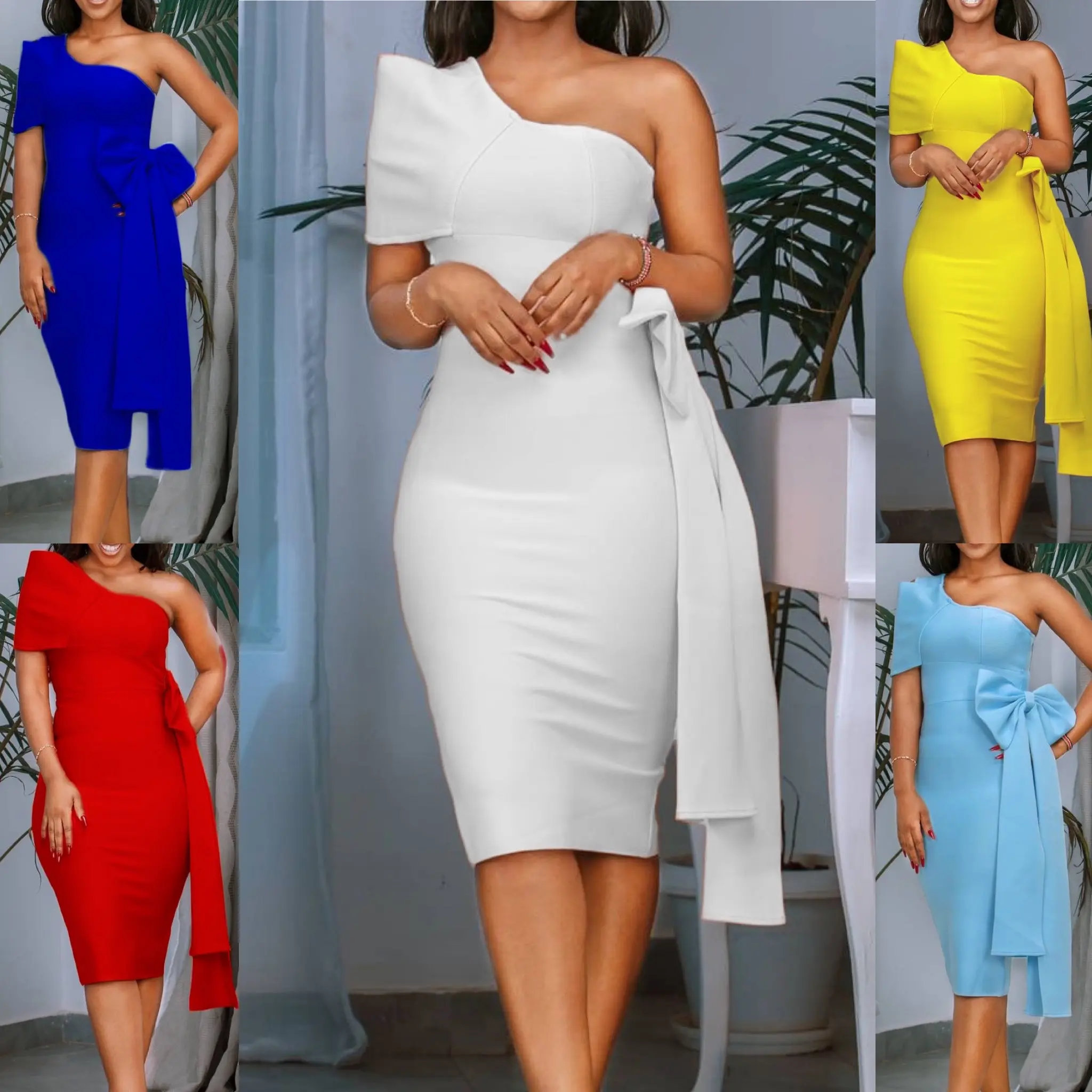 New Arrival Summer Solid Thin Bow Off Shoulder Elegant Casual Dresses Women Evening dresses 2022