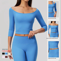 Haut court de yoga personnalisé avec logo, épaules dénudées, convertible 2-en-1, col bateau, manches mi-longues, pour femme, idéal pour la danse et l'entraînement, vente en gros