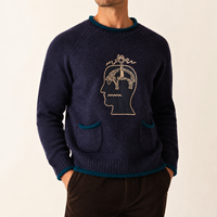 Designer-Pullover für Herren Unisex Retro Surrealer Widder-Stickerei Kontrastbesatz Langer Raglan-Ärmel Rundhals-Pullover