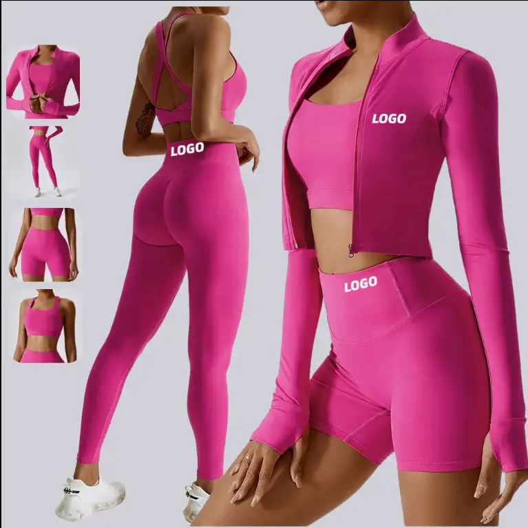 LOGOTIPO personalizado 4 piezas traje Ropa deportiva Mujer atletismo Fitness Yoga desgaste entrenamiento ropa Yoga conjuntos para mujer gimnasio Fitness conjuntos