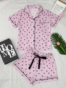 Set Pigiama Estivo da Donna Rosa Traspirante con Scollo a V, Pantaloncini in Poliestere a Vita Elastica, Due Pezzi per la <span class=keywords><strong>Notte</strong></span> - Product Image 2