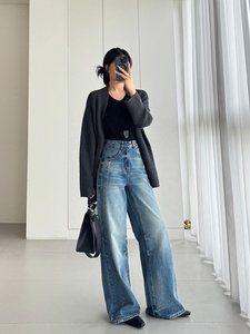 YUANBOFEI Celana <span class=keywords><strong>Jeans</strong></span> Denim Wanita Model Boyfriend Pinggang Tinggi, Lengan Lebar, Biru, Lurus, Kasual, Ramah Lingkungan, dan Bernapas - Product Image 3
