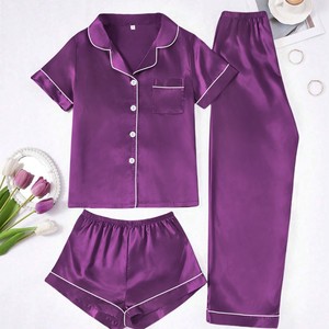 Pigiama Estivo da Donna in Raso Stile Europeo e Americano, Cardigan con Risvolto, Maniche Corte, Pantaloni, Set 3 Pezzi Traspirante, Colore Personalizzabile ODM - Product Image 1