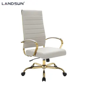 Cadeira executiva de couro pu cinza claro, mobiliário em couro pu, moldura de metal cromado dourado, cadeira de escritório giratória