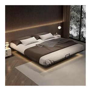 Light Luxury Design Tatami Style Bedroom Bed Wooden Frame Furniture Solid Wood Floating Double Bed Without Headboard