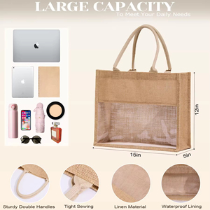 Sacs fourre-tout en toile de jute de haute qualité avec fenêtre transparente en PVC Cadeau de mariage de grande capacité avec logo personnalisé - Product Image 2