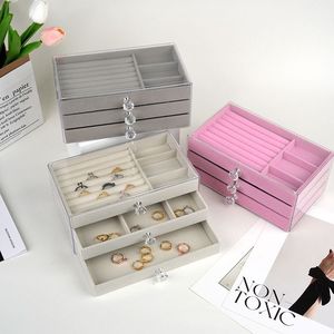 Three-tier jewelry <b>box</b> for rings, pendants, <b>earrings</b>, and studs; minimalist Korean-style grid design. - Product Image 4