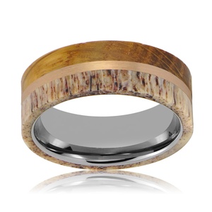 Real Deer Antler and Whiskey Barrel <strong>Wood</strong> <strong>Inlaid</strong> Men's Tungsten Wedding Ring - Product Image 4
