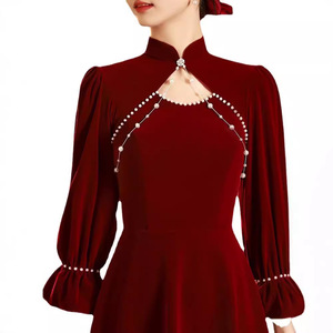 Bridal Cheongsam Dress Burgundy Velvet Long Sleeve Traditional Chinese Wedding Gown Women's Evening Wear - Product Image 5