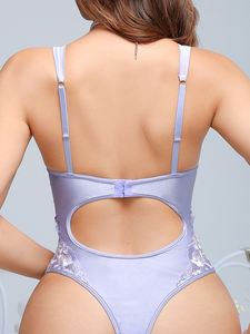 Bodysuits sexys para mujer, de satén y poliéster, con encaje floral bordado, diseño hueco, semitransparentes, elegantes, para fiesta, lencería de una pieza. - Product Image 4