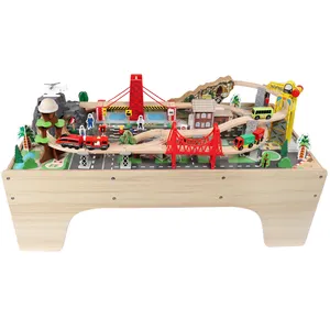 Ensemble de jouets sur pistes de voitures, Train électrique en bois avec Table, pour enfants de plus de 3 ans, 100 pièces