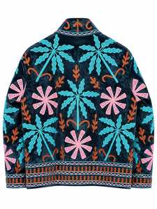 Navy Blue Velvet <b>Embroidered</b> Winter Breathable Bomber <b>Jacket</b> <b>Women</b> Solid Long Sleeve V-neck Collar Boho Fashion Outerwear Cotton - Product Image 5
