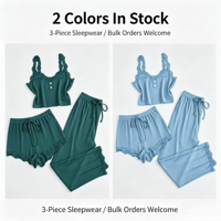 Set Piyama Wanita Chic Halter-top Celana Panjang Tiga Potong untuk Pakaian Santai Mewah Set Pakaian Tidur Bernapas untuk Wanita