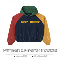 Sweat à capuche vintage personnalisé avec broderie 3D et patchwork, coupe ample et oversize, en molleton bouclette délavé au soleil et à l'acide