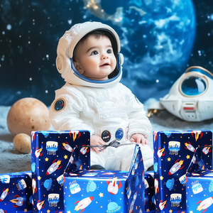 Space Themed Decorative Wrapping <b>Paper</b> <b>Roll</b> Rocket Star Design For Children Birthday Holiday Gift Hamper Packing <b>Paper</b> - Product Image 2