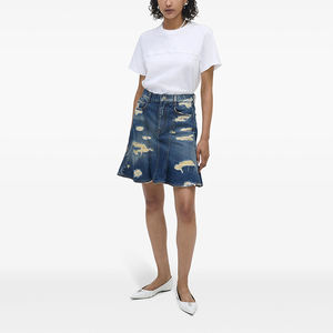 تنورة دينم زرقاء صغيرة مخصصة عالية الخصر غسلها ثقيلة رقعة دمرت ممزقة لطيف خمر ملابس الشارع للخريف الفتيات الساخنة - Product Image 1