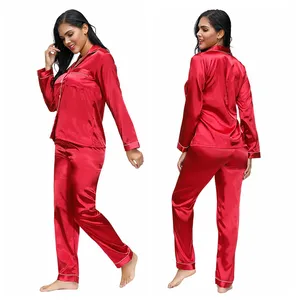 加大码女式睡衣两件套长袖睡衣经典真丝红色缎面睡衣适合所有尺码
