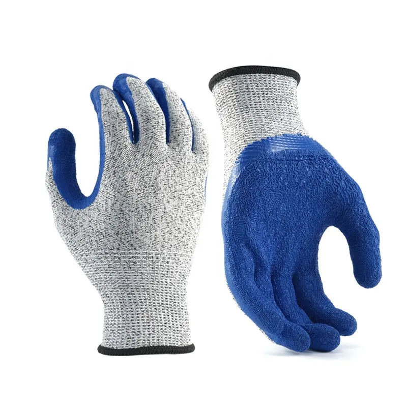 Guantes recubiertos de Palma arrugada de látex AZUL resistentes a cortes con excelente agarre CE EN388 nivel de corte 5 guante de trabajo general personalizado