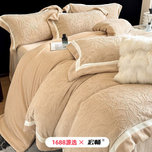 Milk Fleece Four-Piece <b>Bedding</b> <b>Set</b> Thickened Warm Anti-Static Winter Baby <b>Bedding</b> Plants And Flowers Pattern Simple Style - Product Image 1
