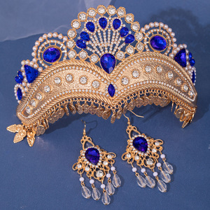 Parure de <span class=keywords><strong>Couronne</strong></span> et Boucles d'Oreilles de Mariée Baroque de Luxe en Cristal, Tiare de Mariage Plaqué Or avec Boucles d'Oreilles à Pompons pour Mariées Musulmanes et Fêtes - Product Image 2