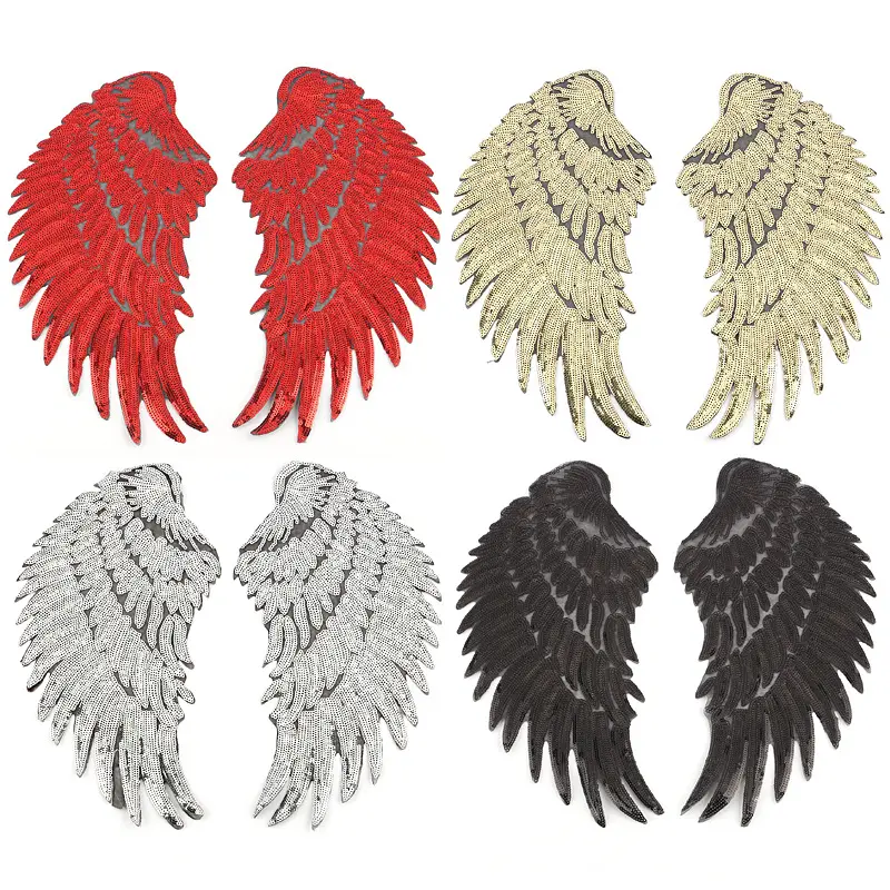 Một Cặp Vàng Sequins Feather Trở Lại Cao Su Cánh Mảnh Cao Cấp Quần Áo Hành Lý Phụ Kiện Huy Hiệu Thêu Vải Vá