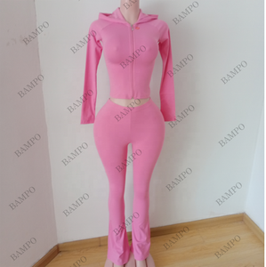 Trajes de mujer de 2 piezas Ropa Y2K personalizada Bambú Nylon Rosa Mujeres Ballet Wrap <span class=keywords><strong>Blusas</strong></span> Tops y pantalones acampanados Conjunto de salón de dos piezas - Product Image 6