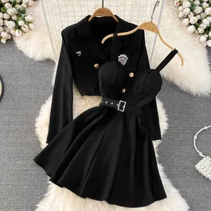 SMO Noir Mélange Robe 2 Pièces Robe Douce Formelle Veste Ceinturée Sangle Robe Midi Femmes