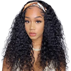 Different kinds of wavy and curly headband wigs vendor mink virgin Brazilian 100% human hair wigs for black women