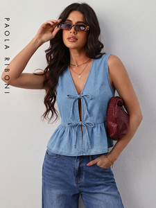 Top Corto Sexy sin Mangas de Mezclilla para Mujer, Estilo Casual para Salir, con Lazo Delantero, Cuello Redondo - Product Image 1