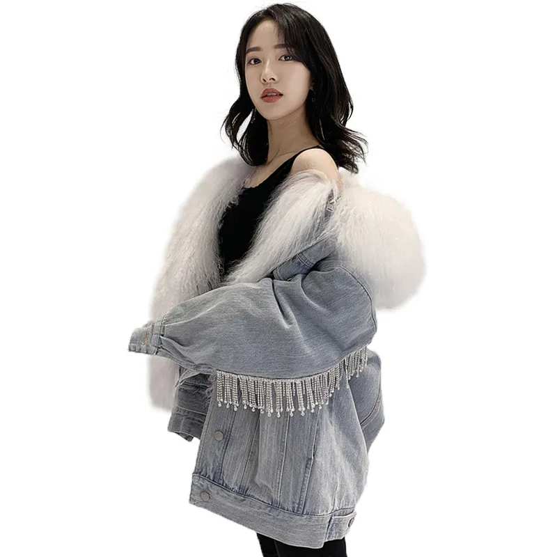 OEM Custom High Quality Stylish Branded Women Real Sheep Fur Denim Jacket
