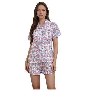 Conjunto de Pijamas de Poliéster con Estampado Personalizado, Elegante y de Lujo para Mujer, de Secado Rápido, Manga Corta y Cintura Elástica para Primavera - Product Image 6