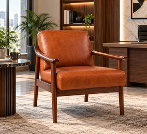 Fauteuil en cuir Cognac de style Mid-Century avec structure en bois massif, accoudoirs courbes et assise rembourrée de qualité supérieure, fauteuil en cuir - Product Image 1