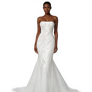 Vestido <span class=keywords><strong>de</strong></span> Novia Sirena Talla Grande Mumuleo, con Lentejuelas Brillantes y Perlas, Mangas Largas, Satén, Estilo Aso Ebi Árabe, para Novias - Product Image 1