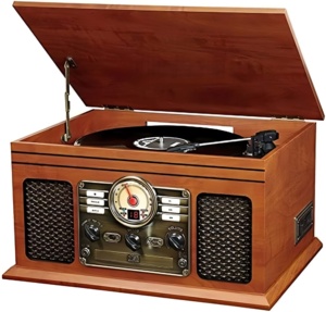 Tocadiscos de Vinilo Retro 8 en 1 con Reproductor de CD, Cassette y FM para USB, Compatible con Computadoras, Teléfonos Móviles y Cine en Casa, con Gabinete de Madera - Product Image 1